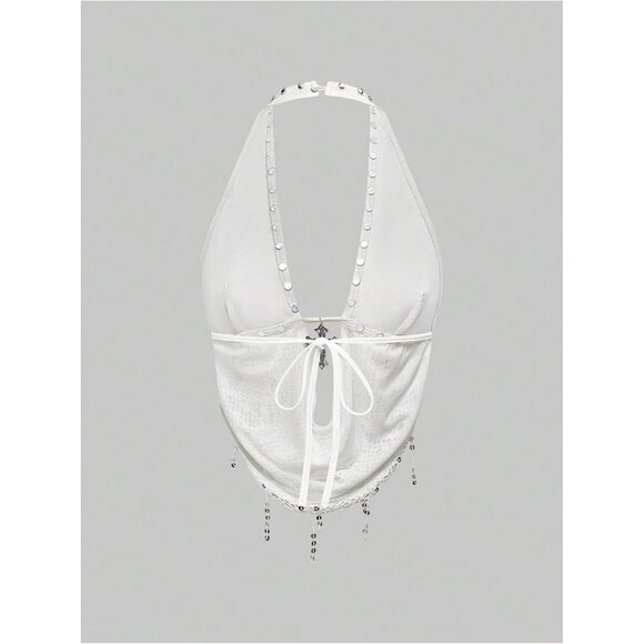 Women's Solid White Gothic Grunge PU Leather Sparkly Halter V Neck Vest Crop Top - Picture 2 of 4
